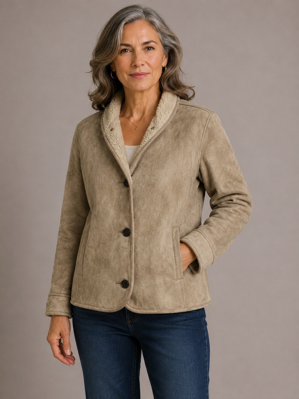 Woolrich Woman's Putty faux suede coat with fleece lining. Size S